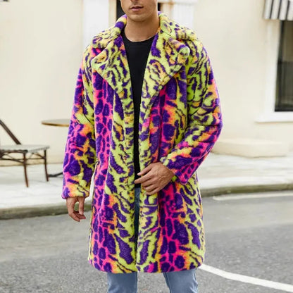 European American New Fashion Men's Colorful Leopard Casual Trendy Loose Long Sleeve Hooded Faux Fur Coats Male Clothes Tops - Jungle Line