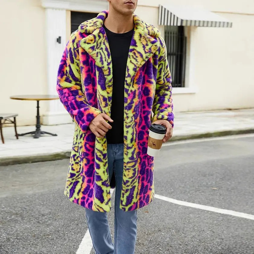 European American New Fashion Men's Colorful Leopard Casual Trendy Loose Long Sleeve Hooded Faux Fur Coats Male Clothes Tops - Jungle Line