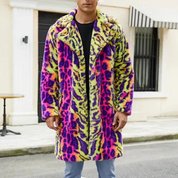 European American New Fashion Men's Colorful Leopard Casual Trendy Loose Long Sleeve Hooded Faux Fur Coats Male Clothes Tops - Jungle Line