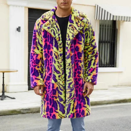 European American New Fashion Men's Colorful Leopard Casual Trendy Loose Long Sleeve Hooded Faux Fur Coats Male Clothes Tops - Jungle Line