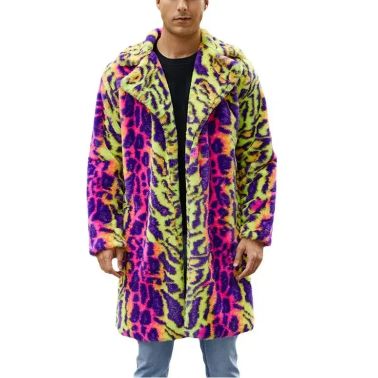 European American New Fashion Men's Colorful Leopard Casual Trendy Loose Long Sleeve Hooded Faux Fur Coats Male Clothes Tops - Jungle Line