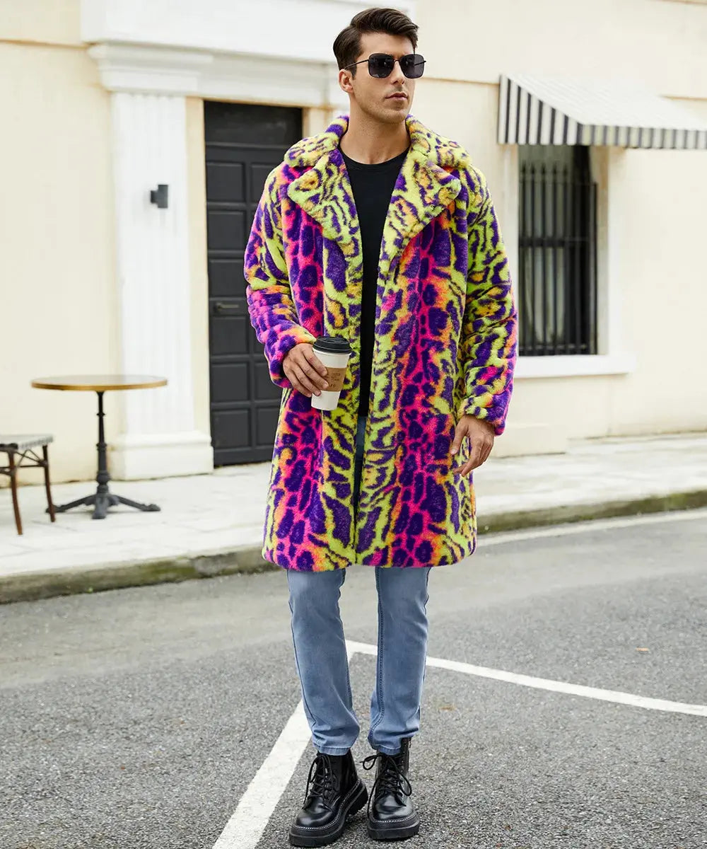 European American New Fashion Men's Colorful Leopard Casual Trendy Loose Long Sleeve Hooded Faux Fur Coats Male Clothes Tops - Jungle Line