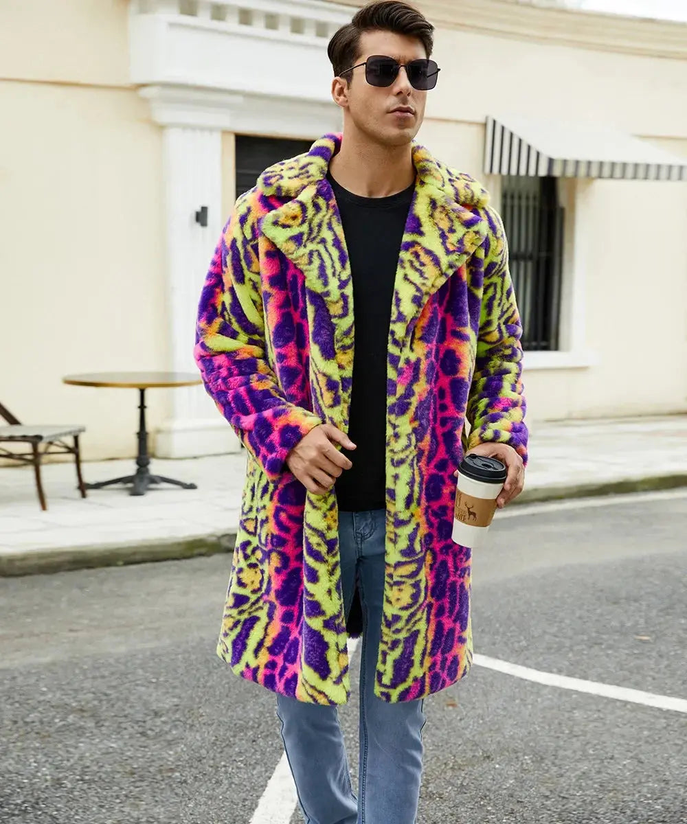 European American New Fashion Men's Colorful Leopard Casual Trendy Loose Long Sleeve Hooded Faux Fur Coats Male Clothes Tops - Jungle Line