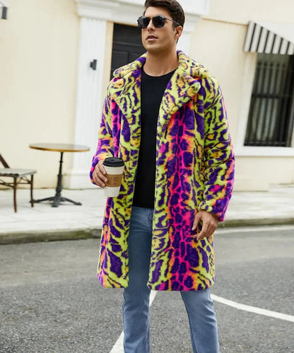 European American New Fashion Men's Colorful Leopard Casual Trendy Loose Long Sleeve Hooded Faux Fur Coats Male Clothes Tops - Jungle Line