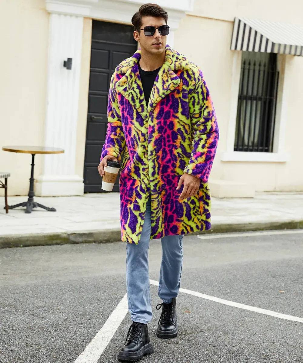 European American New Fashion Men's Colorful Leopard Casual Trendy Loose Long Sleeve Hooded Faux Fur Coats Male Clothes Tops - Jungle Line