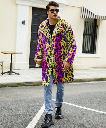 European American New Fashion Men's Colorful Leopard Casual Trendy Loose Long Sleeve Hooded Faux Fur Coats Male Clothes Tops - Jungle Line