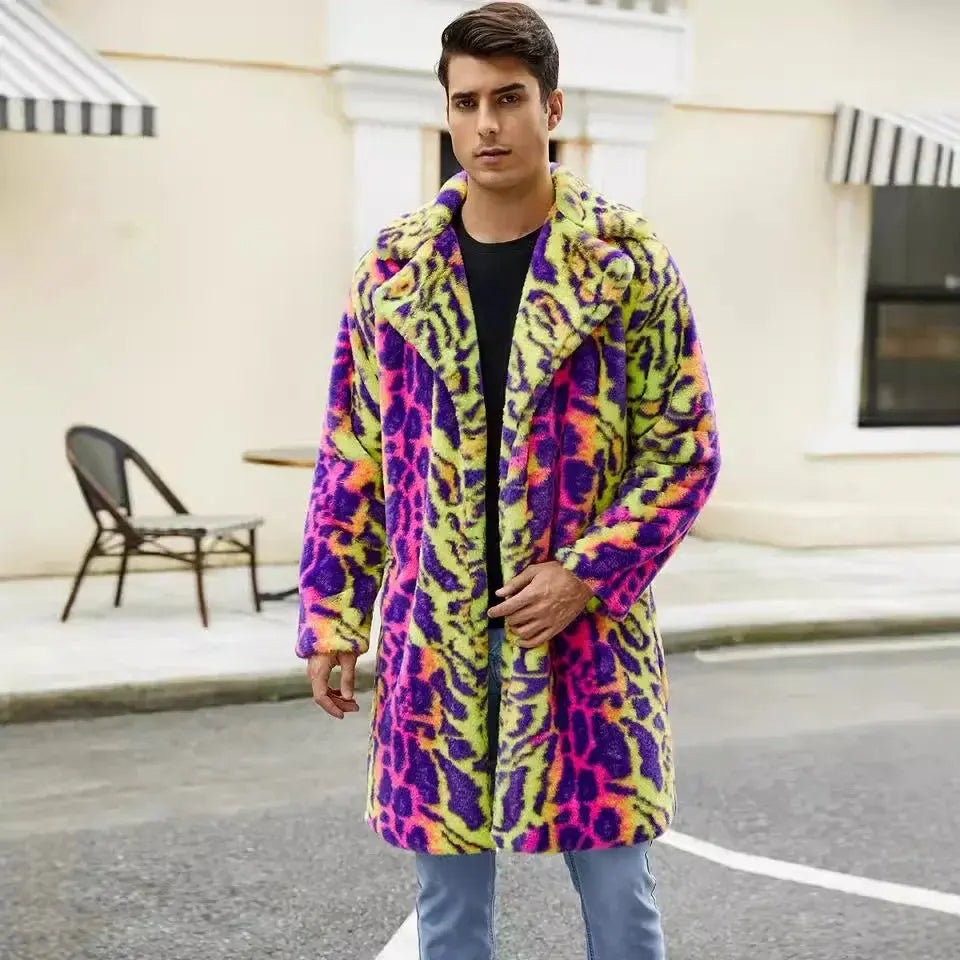 European American New Fashion Men's Colorful Leopard Casual Trendy Loose Long Sleeve Hooded Faux Fur Coats Male Clothes Tops - Jungle Line