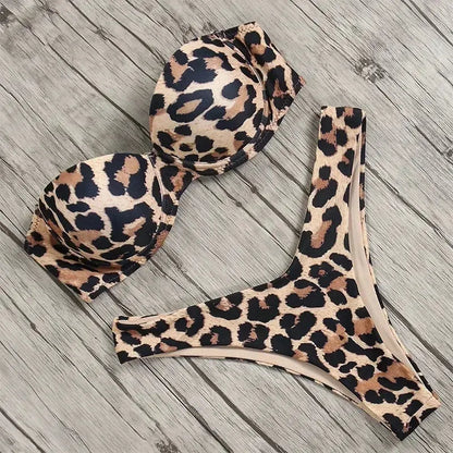 Sexy Women Bikini Swimsuit Push-up Bra Bikini Set Two Piece Swim Suit Swimwear Low-waisted Beachwear Leopard Bathing - Jungle Line