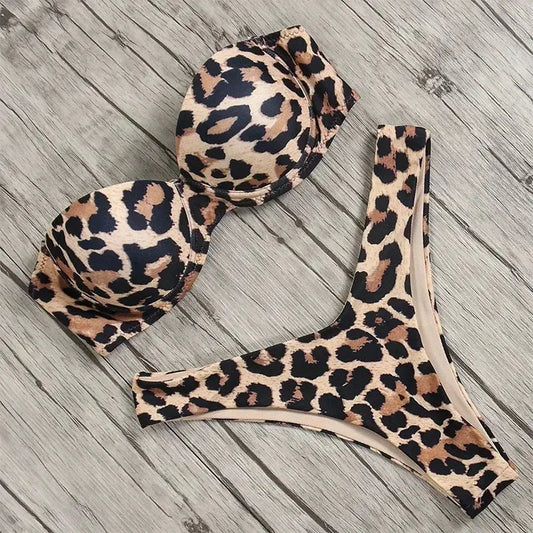 Sexy Women Bikini Swimsuit Push-up Bra Bikini Set Two Piece Swim Suit Swimwear Low-waisted Beachwear Leopard Bathing - Jungle Line