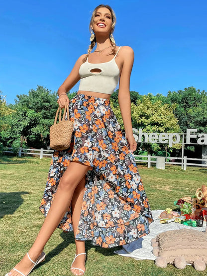 Summer Leopard Print Elegant Fashion Long Skirt Women Floral Sexy Aesthetic Split High Waist Sunscreen Wrap A-line Skirt Female - Jungle Line