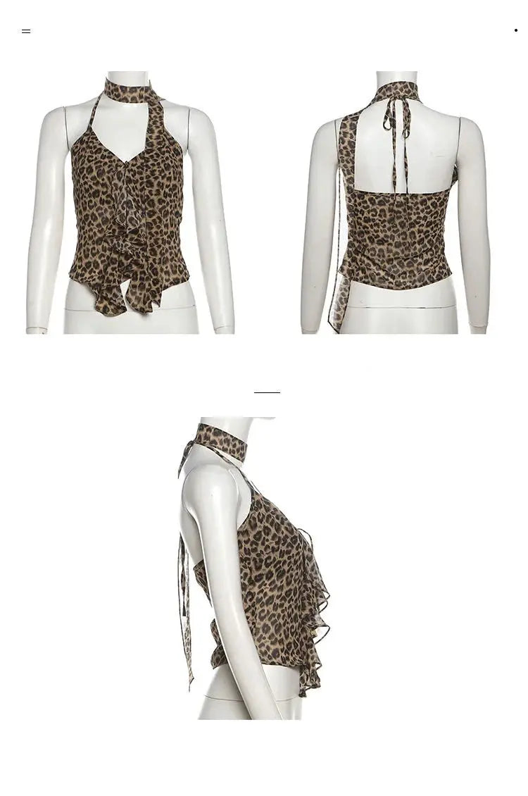 Leopard Fashion Lace Up Halter Tank Top for Women Irregular Ruffled Slim Spicy Girl Short Top Summer Camisole Vest Y2k Clothing - Jungle Line