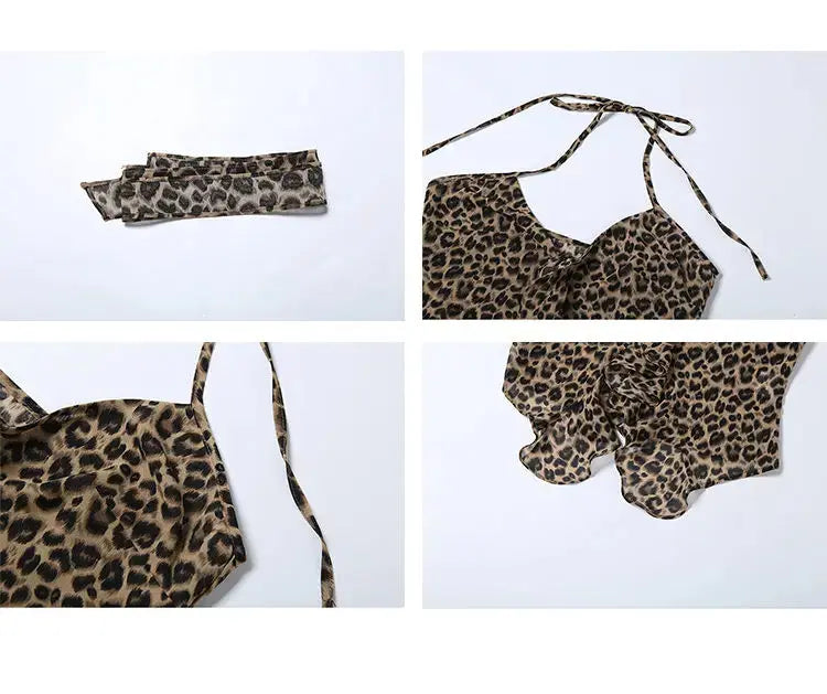 Leopard Fashion Lace Up Halter Tank Top for Women Irregular Ruffled Slim Spicy Girl Short Top Summer Camisole Vest Y2k Clothing - Jungle Line