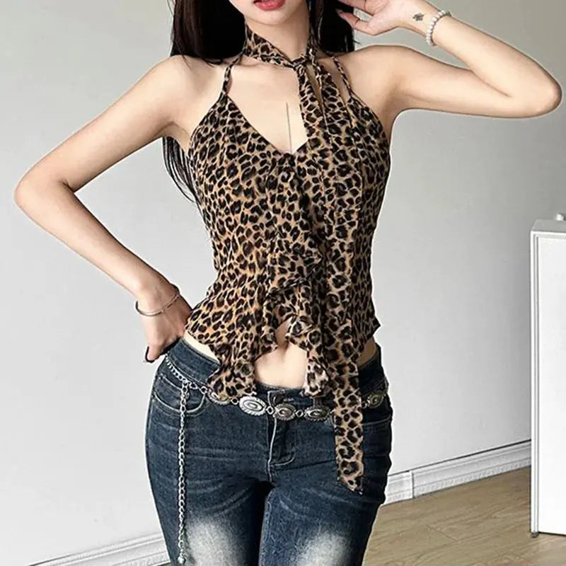 Leopard Fashion Lace Up Halter Tank Top for Women Irregular Ruffled Slim Spicy Girl Short Top Summer Camisole Vest Y2k Clothing - Jungle Line