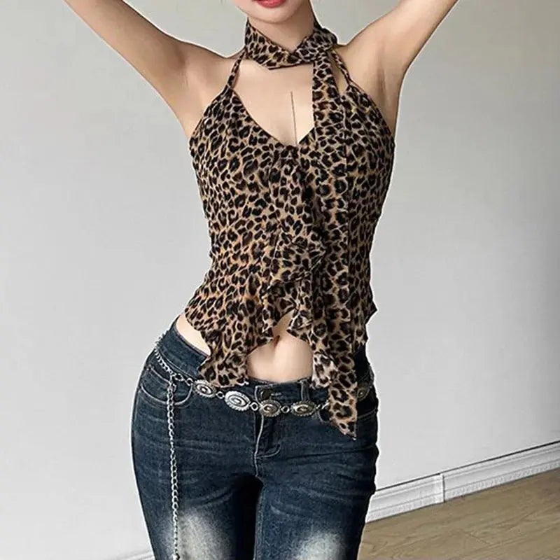 Leopard Fashion Lace Up Halter Tank Top for Women Irregular Ruffled Slim Spicy Girl Short Top Summer Camisole Vest Y2k Clothing - Jungle Line