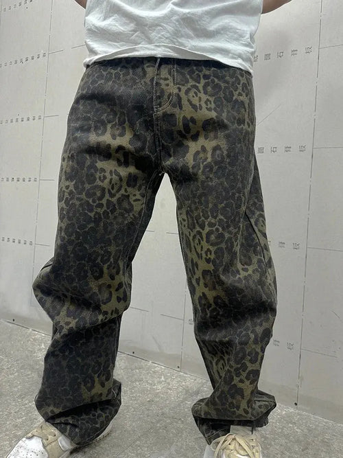 Jungle Line loose straight leopard print jeans for men, hip hop streetwear style, wide-leg denim trousers with motorcycle design.