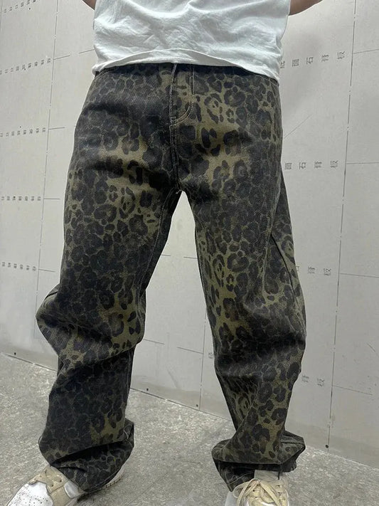 Jungle Line loose straight leopard print jeans for men, hip hop streetwear style, wide-leg denim trousers with motorcycle design.