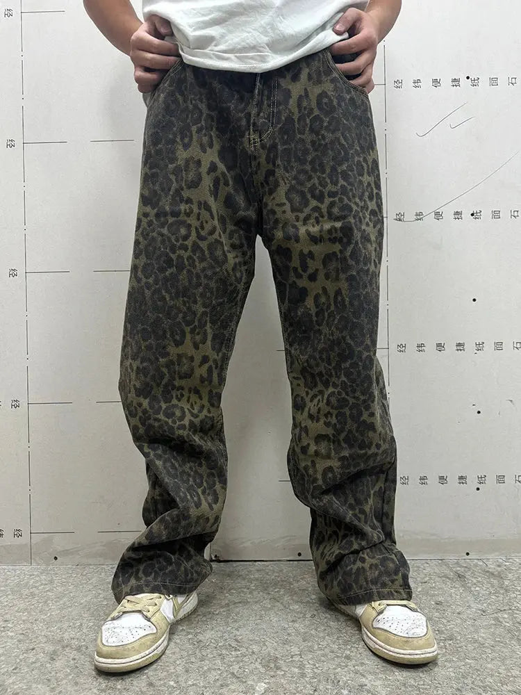 Jungle Line men's loose straight leopard print denim jeans with wide-leg fit, streetwear style, casual Y2K motorcycle-inspired trousers