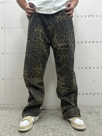Jungle Line men's loose straight leopard print denim jeans with wide-leg fit, streetwear style, casual Y2K motorcycle-inspired trousers