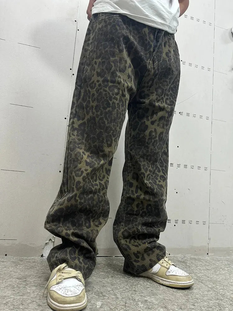 Loose straight leopard jeans for men by Jungle Line, featuring wide-leg denim with a bold leopard print, hip hop streetwear style