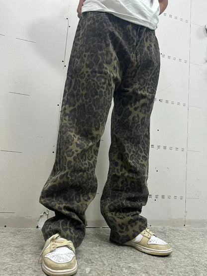 Loose straight leopard jeans for men by Jungle Line, featuring wide-leg denim with a bold leopard print, hip hop streetwear style