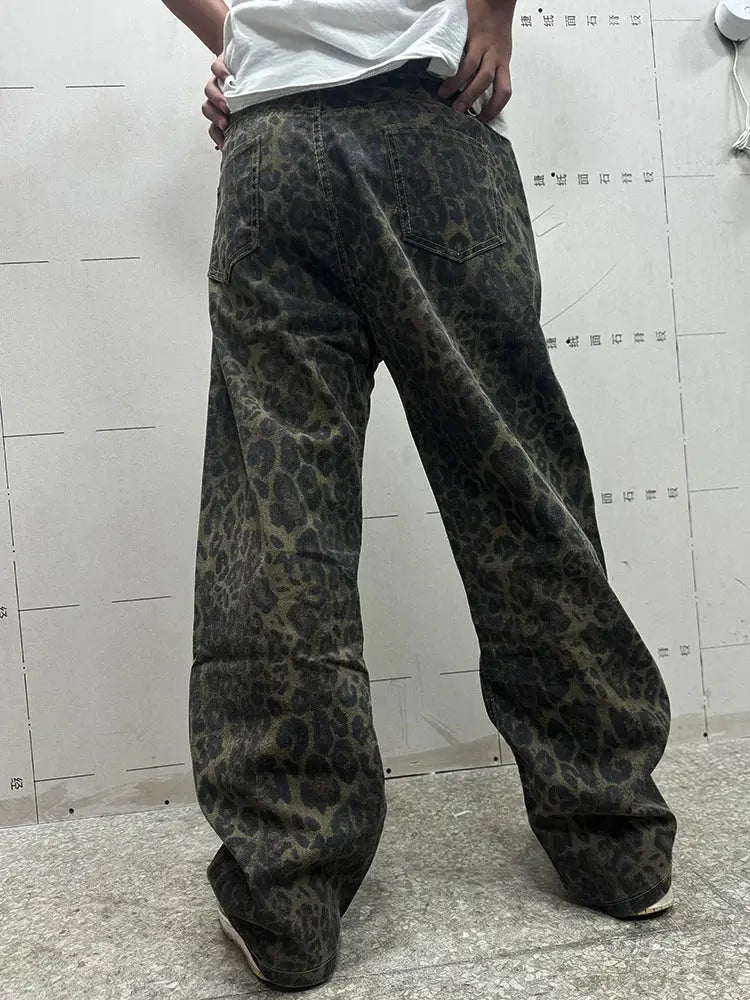 Loose straight leopard print jeans for men by Jungle Line, featuring wide-leg, casual, streetwear, hip-hop, motorcycle style.