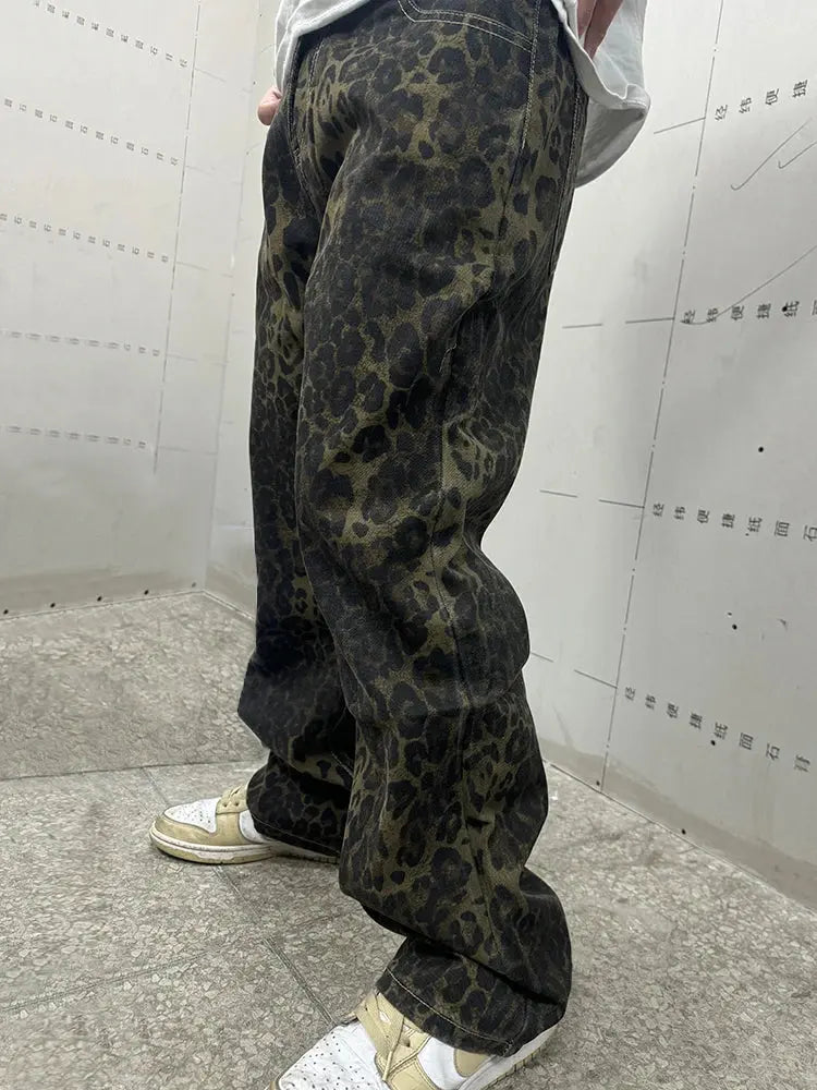 Jungle Line men's loose straight leopard jeans featuring wide-leg style, streetwear design, and motorcycle denim details.