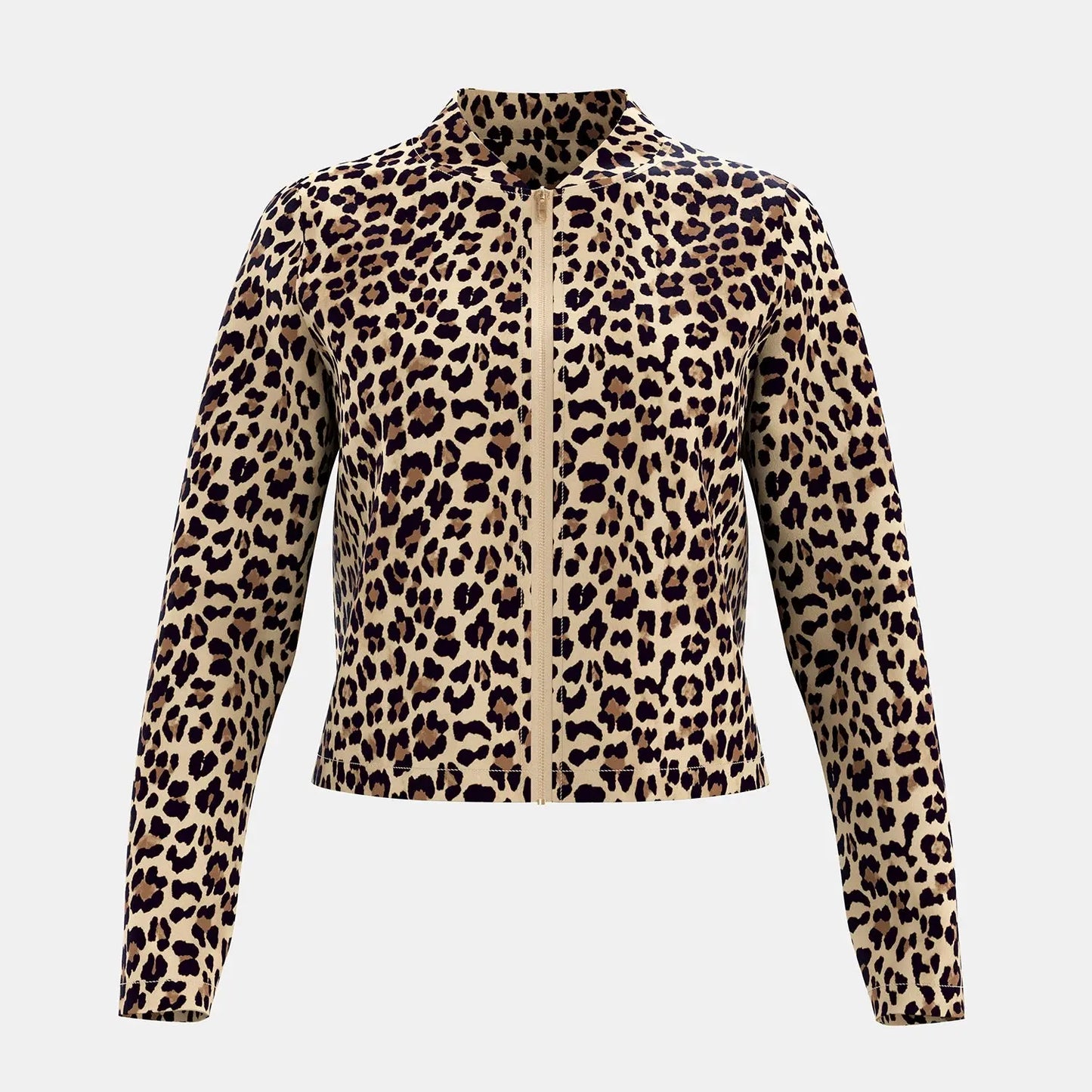 Jungle Line Mia Muse women's lightweight jacket with leopard print, long sleeves, zipper closure, crew neck, stylish and casual.