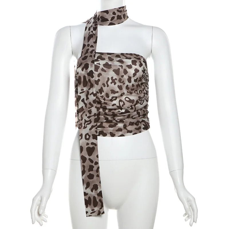 Haut femme en tulle à motif léopard Jungle Line, encolure droite, sans épaules, style décontracté pour l'été.