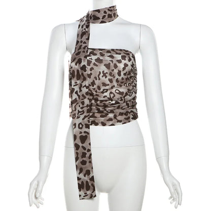 Haut femme en tulle à motif léopard Jungle Line, encolure droite, sans épaules, style décontracté pour l'été.