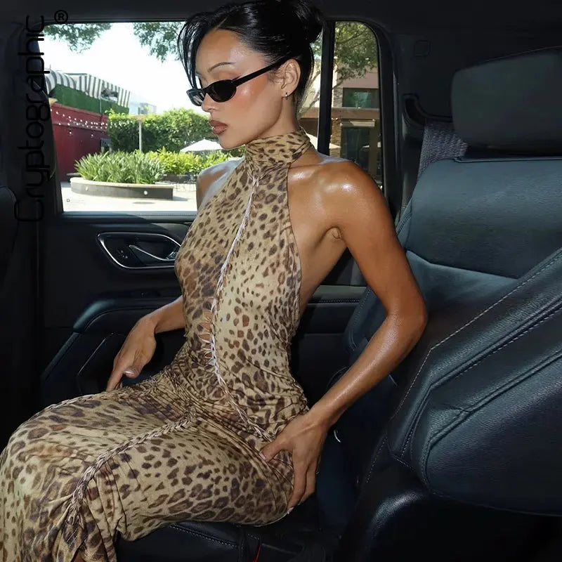 Jungle Line leopard print halter backless maxi dress for women, bandage style with embellishments, perfect for club or evening wear.