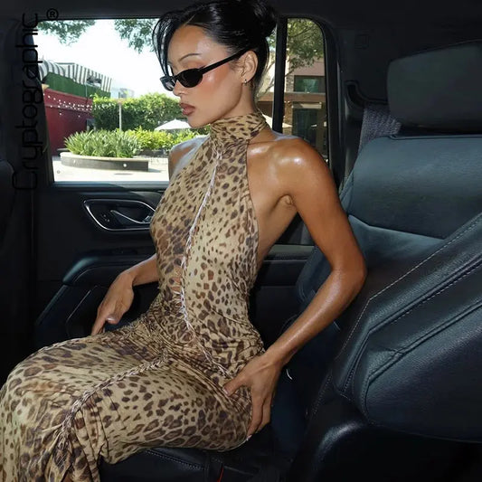 Jungle Line leopard print halter backless maxi dress for women, bandage style with embellishments, perfect for club or evening wear.