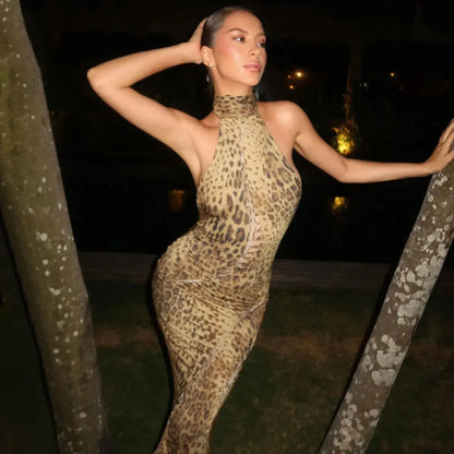 Jungle Line leopard print halter backless maxi dress for women, bandage style with embellishments, perfect for club or evening wear.