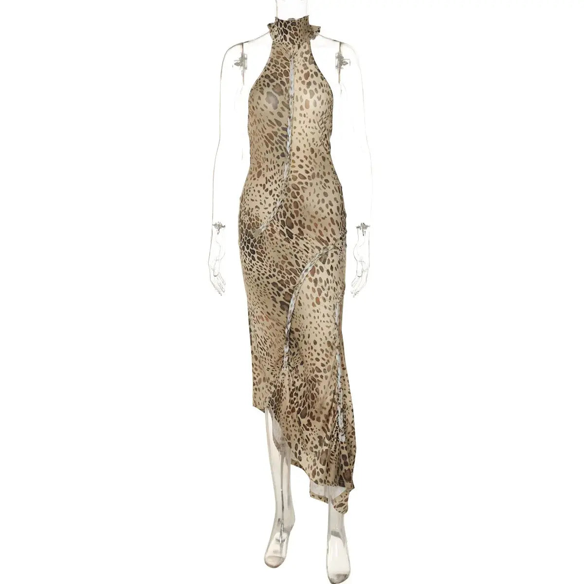 Jungle Line leopard print halter backless maxi dress for women, bandage style, embellished, perfect for club or evening wear.