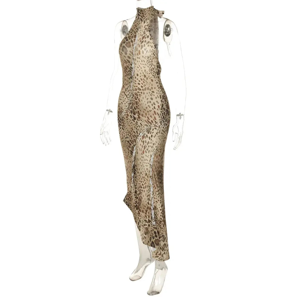 Jungle Line leopard print halter backless maxi dress with bandage embellishments, designed for women’s clubwear and stylish occasions.