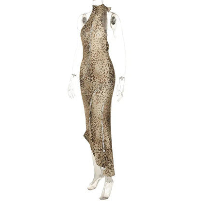 Jungle Line leopard print halter backless maxi dress with bandage embellishments, designed for women’s clubwear and stylish occasions.