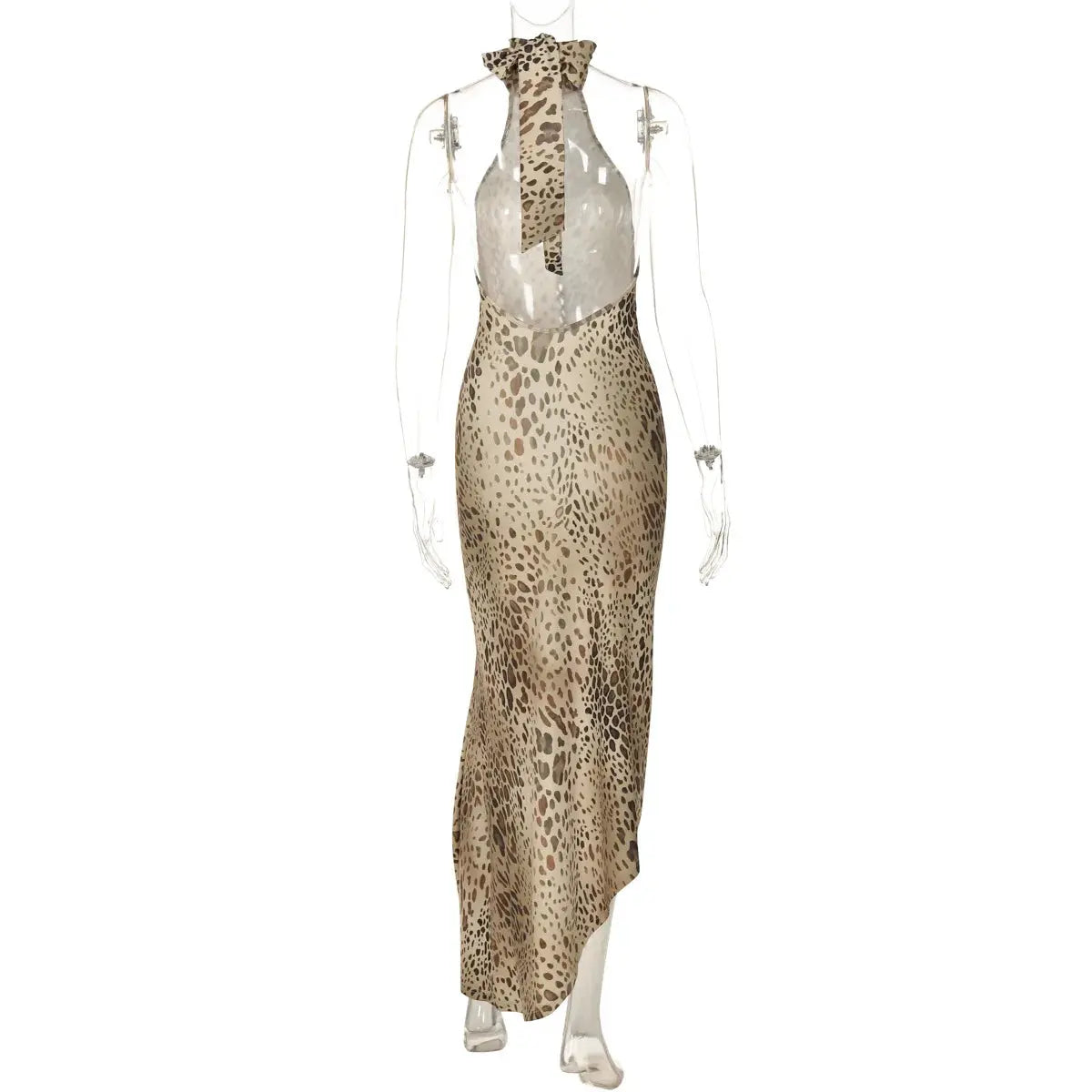 Jungle Line leopard print halter backless maxi dress for women, bandage style with embellishments, perfect for club or evening wear.