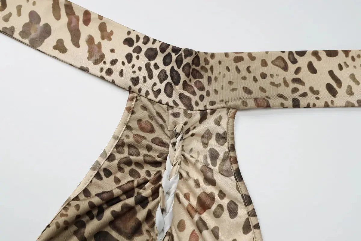 Jungle Line leopard print halter backless maxi dress for women, with bandage embellishments, ideal for club or evening wear.