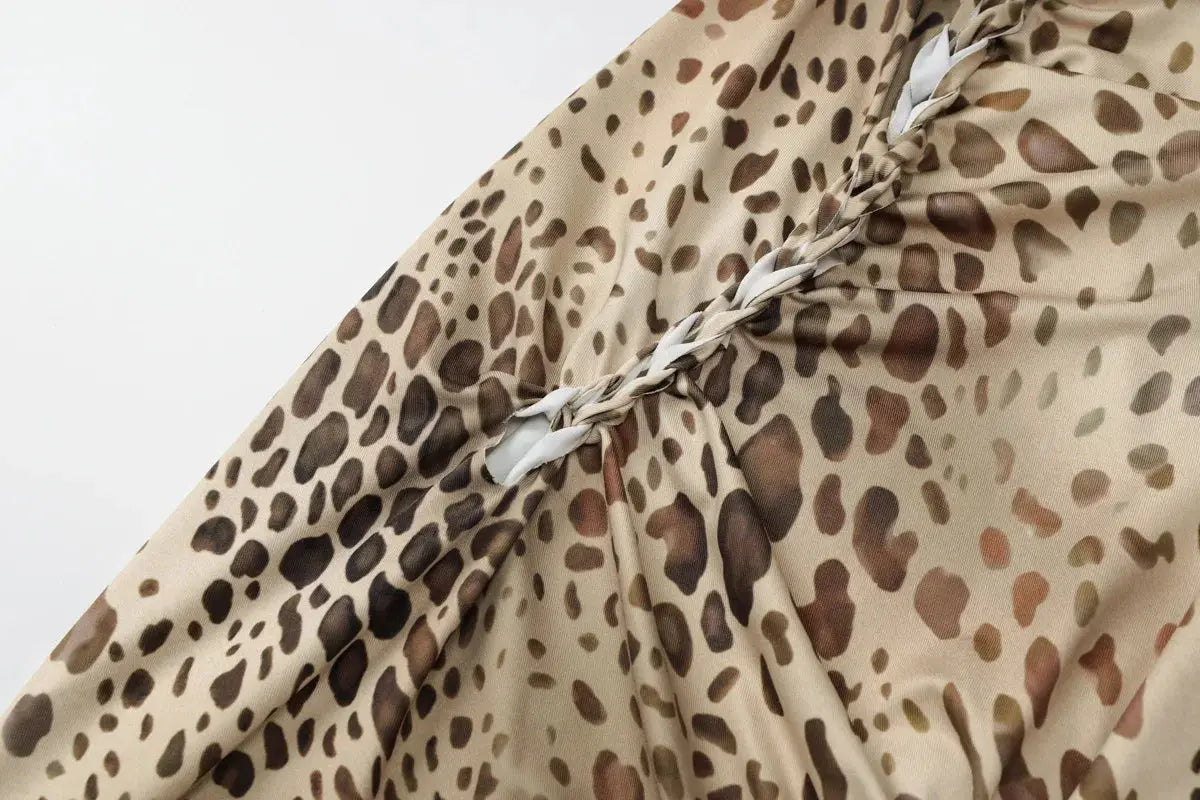 Jungle Line leopard print halter backless maxi dress for women, bandage style, embellished, perfect for clubwear or evening outings.