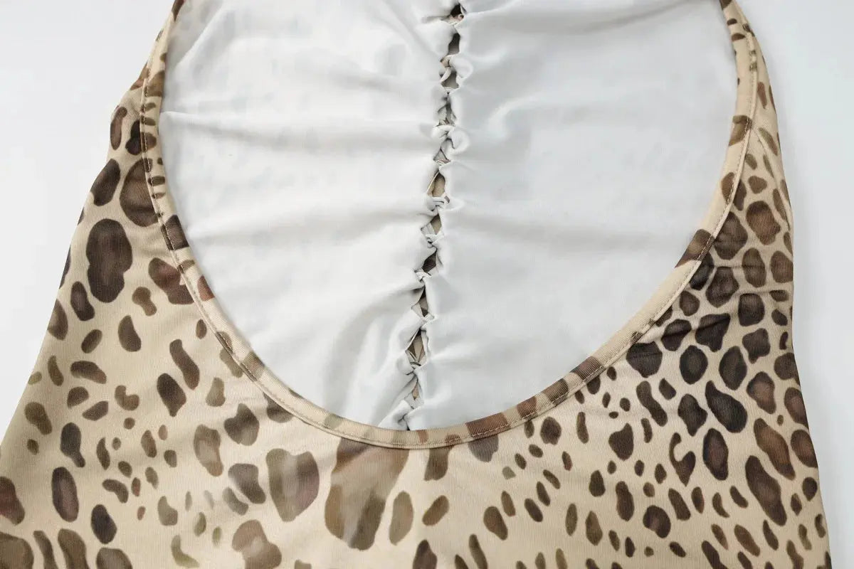 Jungle Line leopard print halter backless maxi dress with bandage details, perfect for women’s clubwear and evening outings.