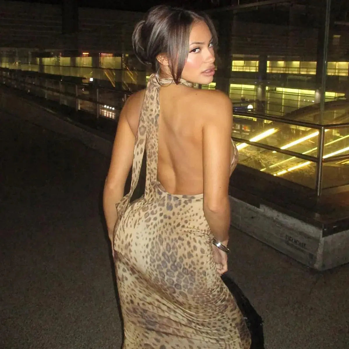 Jungle Line leopard print halter backless maxi dress for women, bandage style with embellishments, perfect for club or evening wear.