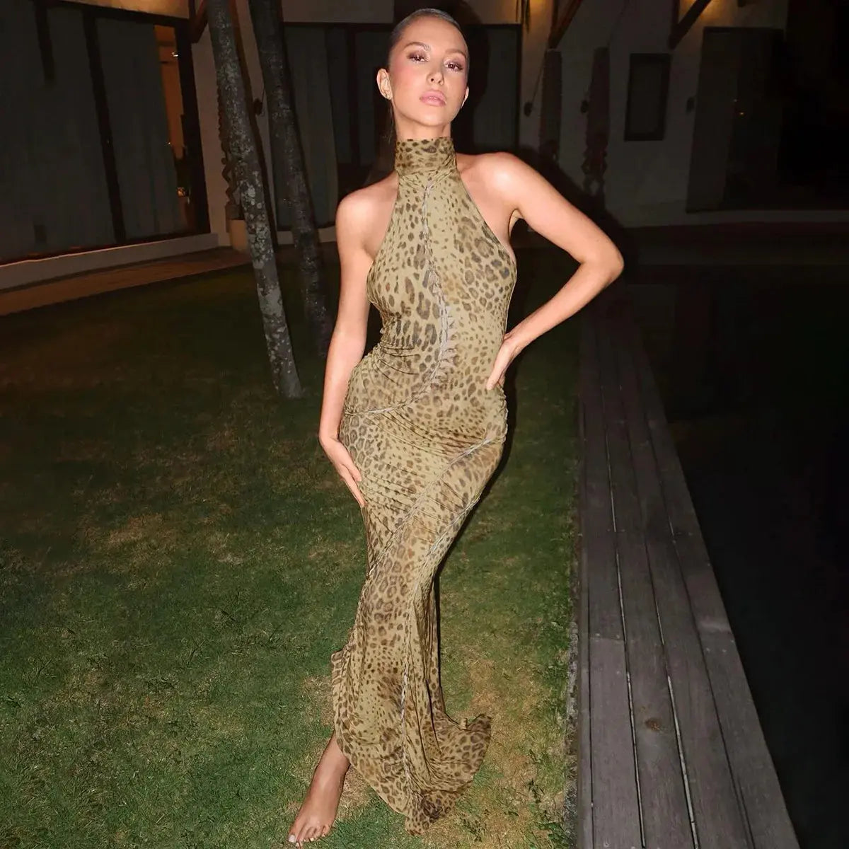 Jungle Line leopard print halter backless maxi dress with bandage embellishments, designed for women’s clubwear and evening occasions.