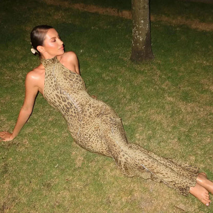 Jungle Line leopard print halter backless maxi dress for women, bandage style with embellishments, suitable for club or party wear.