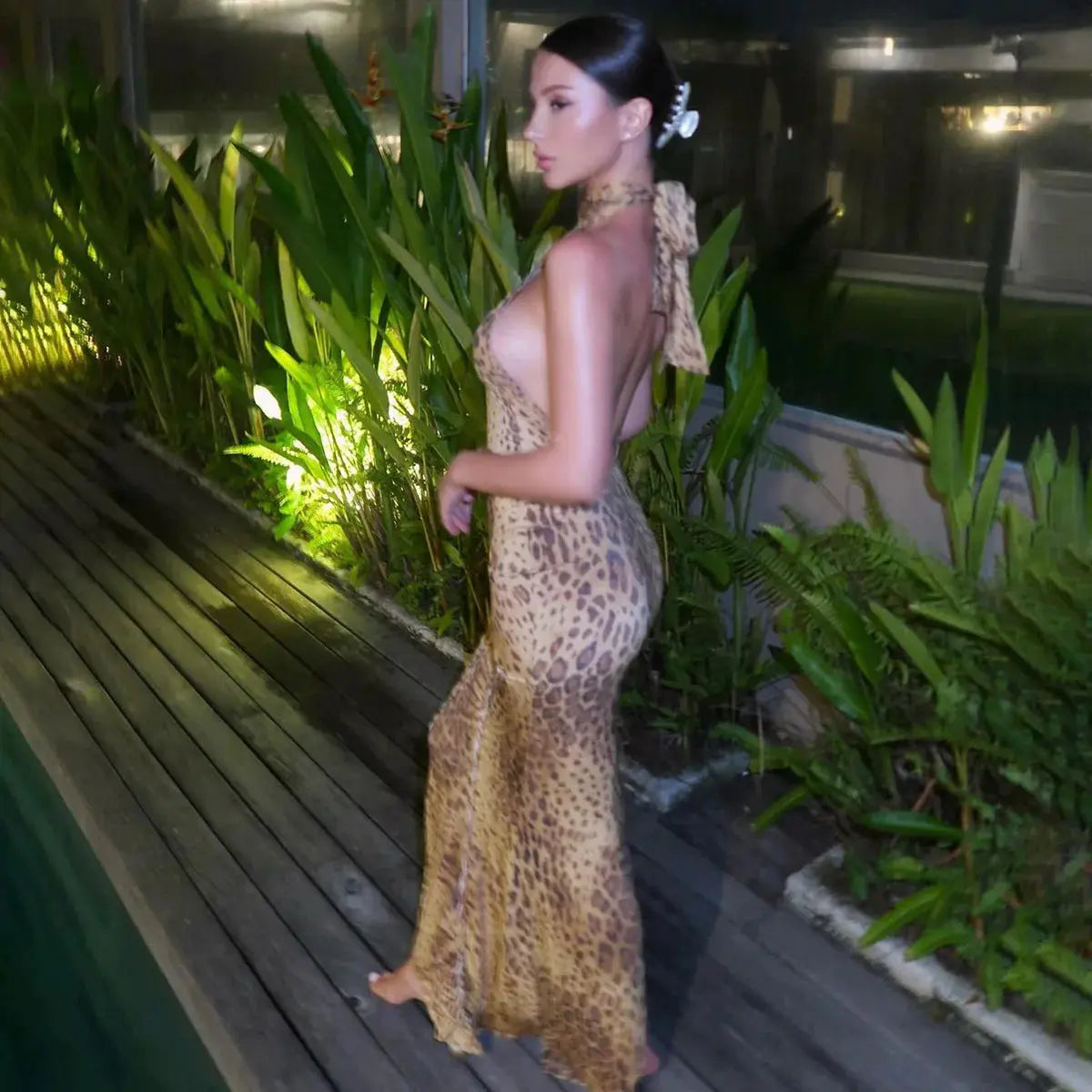 Jungle Line leopard print halter backless maxi dress for women, bandage style, embellished, perfect for club or evening wear.