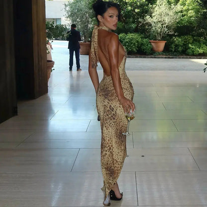 Jungle Line leopard print backless halter maxi dress with bandage details, perfect for clubwear and evening outings.