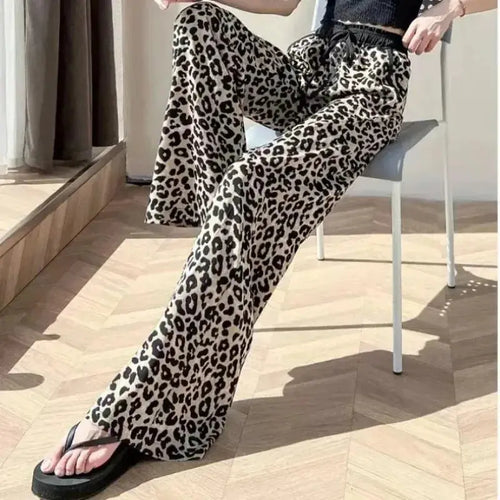 Leopard Ice Silk Print Wide Leg Pants Women's New Chiffon Drawstring High Waist Draped Floor Mopping Pants - Jungle Line