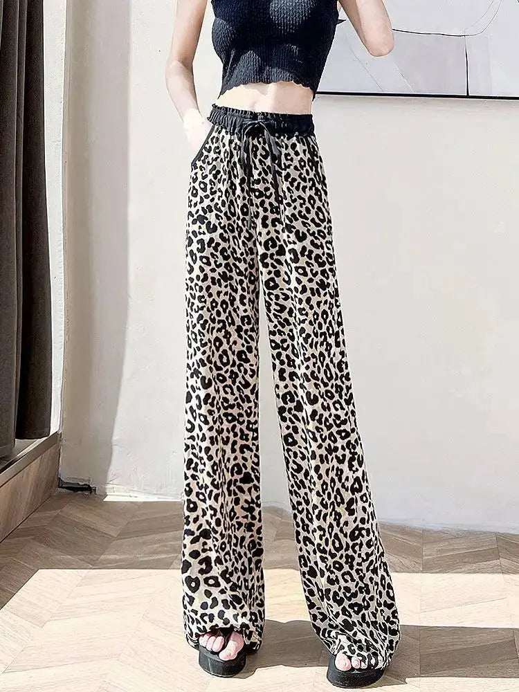 Leopard Ice Silk Print Wide Leg Pants Women's New Chiffon Drawstring High Waist Draped Floor Mopping Pants - Jungle Line