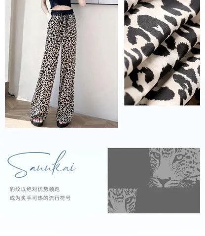 Leopard Ice Silk Print Wide Leg Pants Women's New Chiffon Drawstring High Waist Draped Floor Mopping Pants - Jungle Line