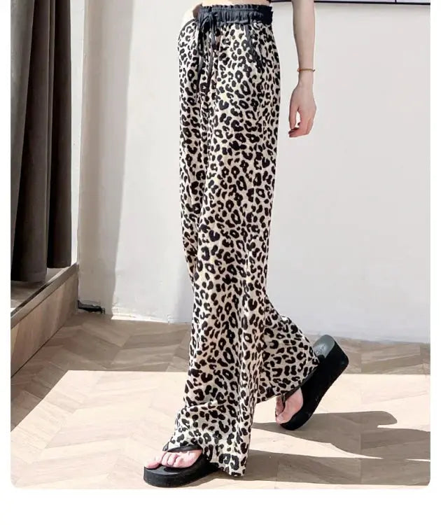 Leopard Ice Silk Print Wide Leg Pants Women's New Chiffon Drawstring High Waist Draped Floor Mopping Pants - Jungle Line