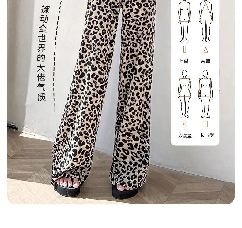 Leopard Ice Silk Print Wide Leg Pants Women's New Chiffon Drawstring High Waist Draped Floor Mopping Pants - Jungle Line