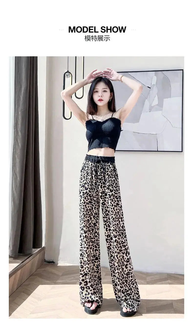 Leopard Ice Silk Print Wide Leg Pants Women's New Chiffon Drawstring High Waist Draped Floor Mopping Pants - Jungle Line
